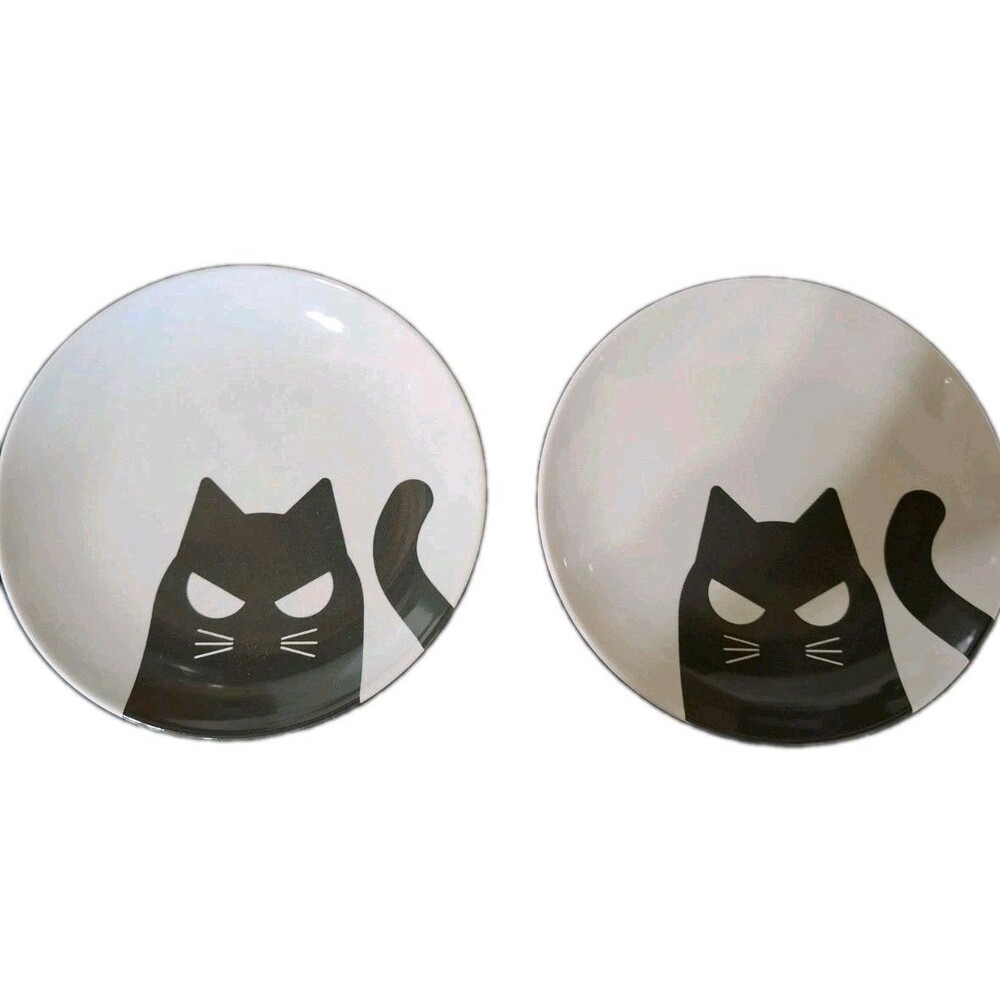 IKEA KUSTFYR Black Cat Side Plate Halloween Stoneware 8" Marta Krupinska 2 Piece